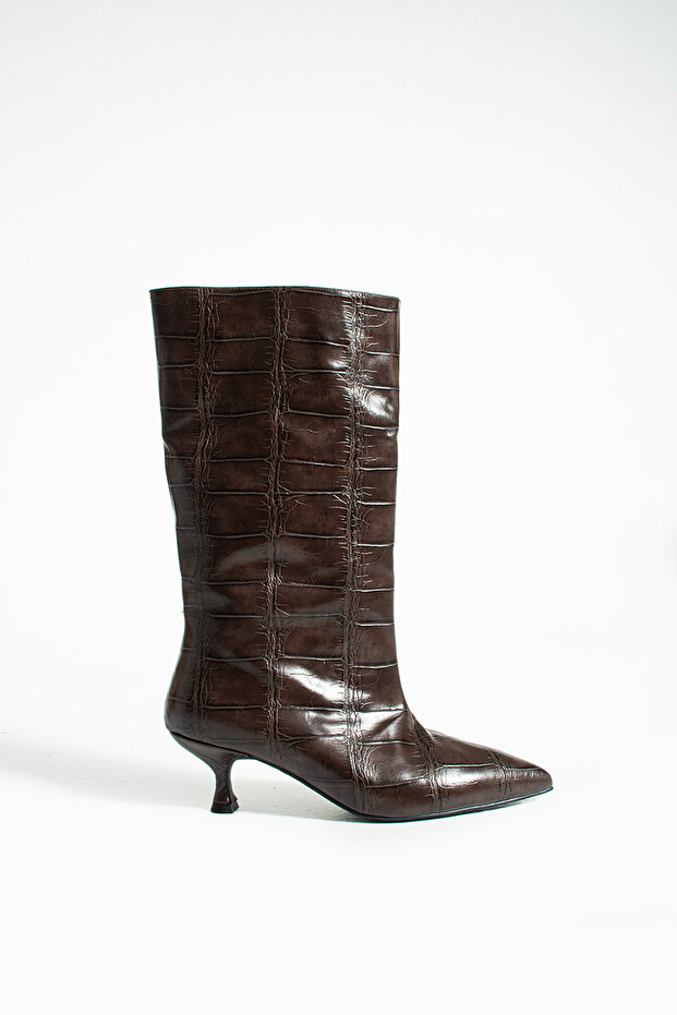 Serpo Women's Short Heeled Boots Brown Crocodile