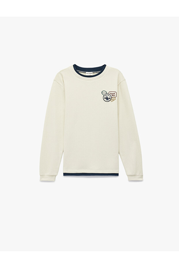Cotton Crew Neck Embroidered Detail Long Sleeve T-Shirt