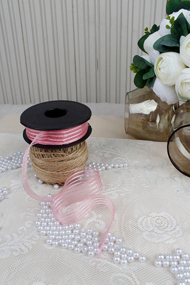 Pink Hilton Striped Chiffon Ribbon 2.5 cm 20 m - Wrapping, Wedding, Engagement, Dowry, Gift, Decoration, Party
