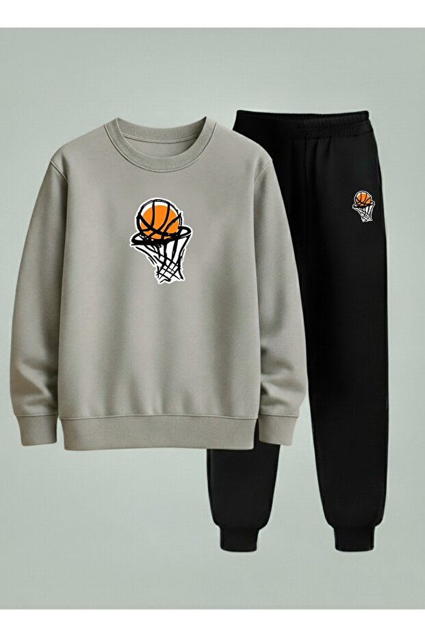 Boy's Sweatshirt - Tracksuit Set Crew Neck Tam Basket Printed 3 Thread Raised