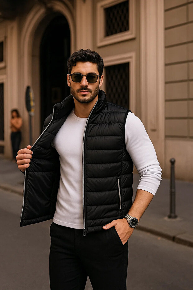 Erkek Kışlık Premium Basic Astarlı Siyah Şişme Yelek - 4