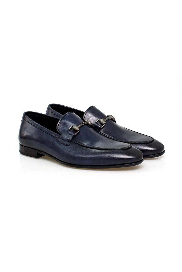 Dark Blue Color Laceless Genuine Leather Men's Shoes