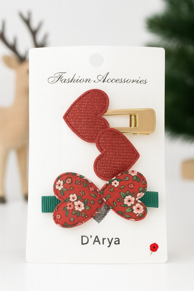 Dd609 Mother - Daughter Red Gold Green Glitter Heart & Flower Patterned Bow Hair Clip Set (Set of 2)