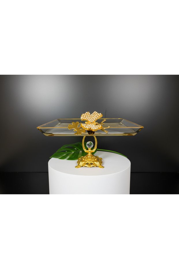 Paşabahçe Crystal Metal Footed Gilt Square Cake Presentation Plate Cookie Plate