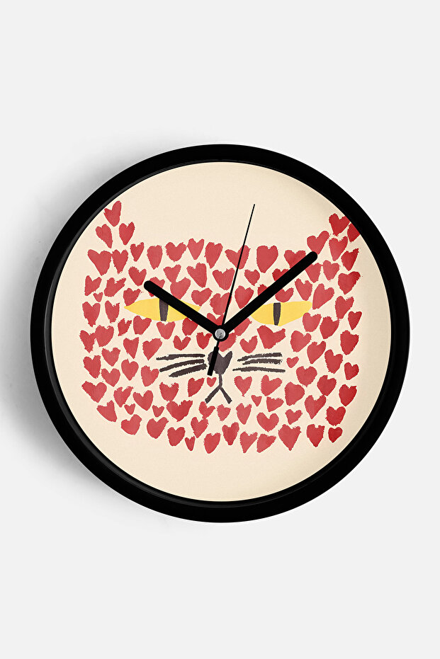 Cute Cat Themed Modern Wall Clock - 42cm - Black Case with Glass Front - Silent Mechanism