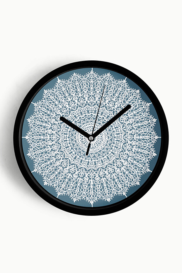 Mandala Style Flower Drawing Modern Wall Clock - 42cm - Black Case with Glass Front - Silent Mechanism