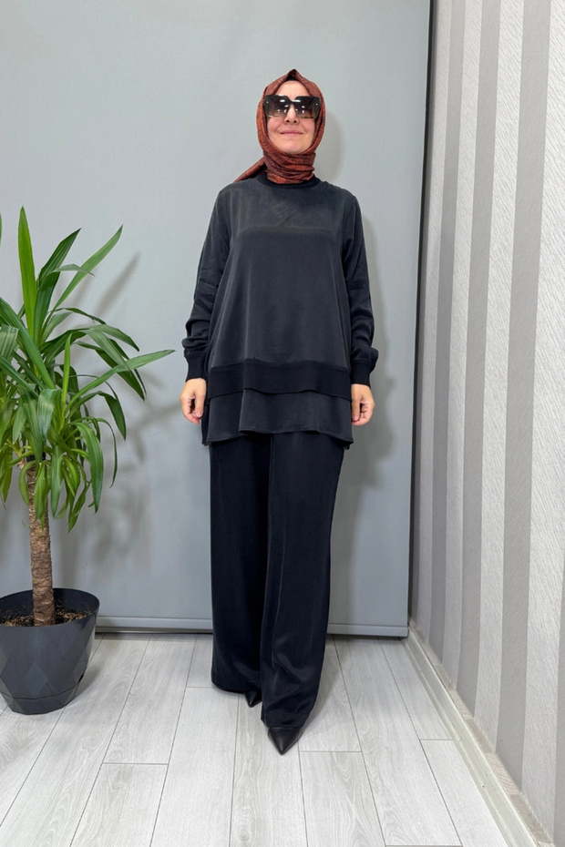 Knitwear Detailed Cupro Silk Tunic Black T26K-6019 - 1