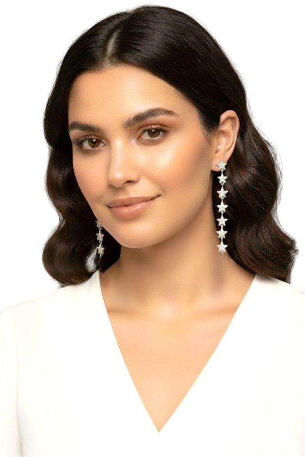 Brass Women's Earrings with Zircon Stone Dangle Star Model Silver Color | Stylish and Durable Jewelry