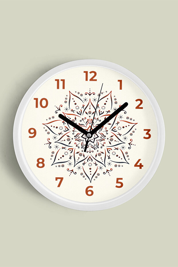 Mandala Style Flower Drawing Modern Wall Clock - 42cm - White Case with Glass Front - Silent Mechanism