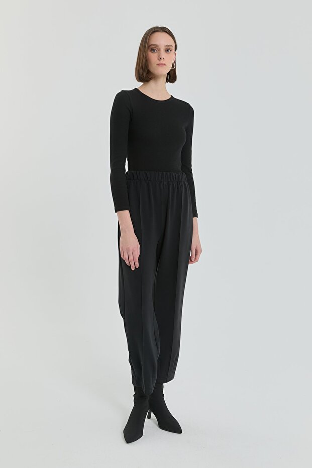 Paça Detaylı Beli Lastikli Örme Basic Pantolon Siyah - 2