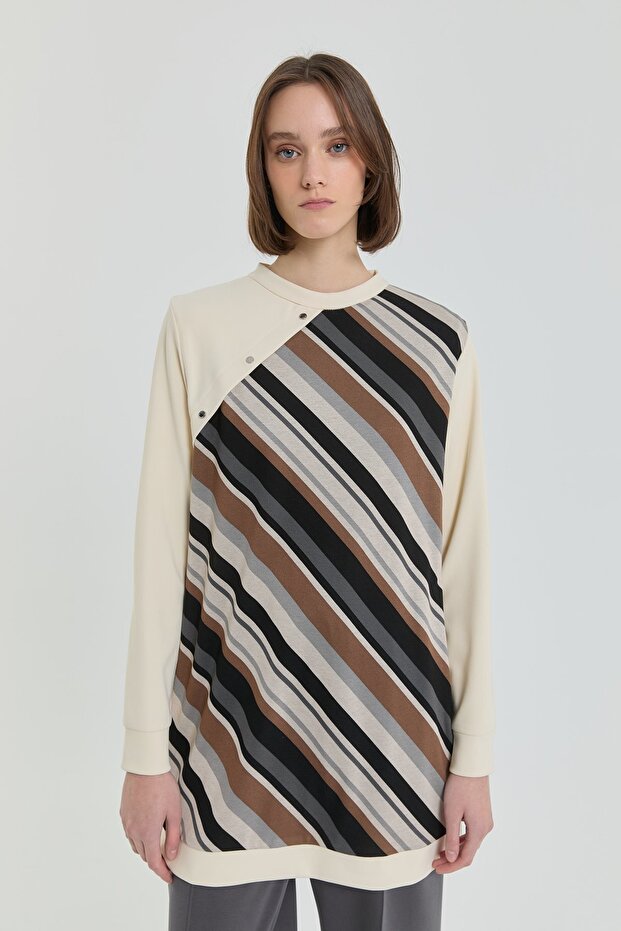 Çıt Çıt Detaylı Örme Tunik Ekru - 1