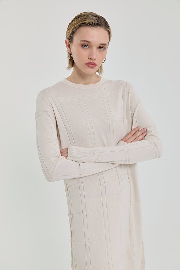 Self-Patterned Rayon Knitwear Tunic Beige - 3