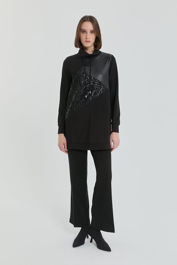 Deri ve Pullu Örme Tunik Siyah - 1