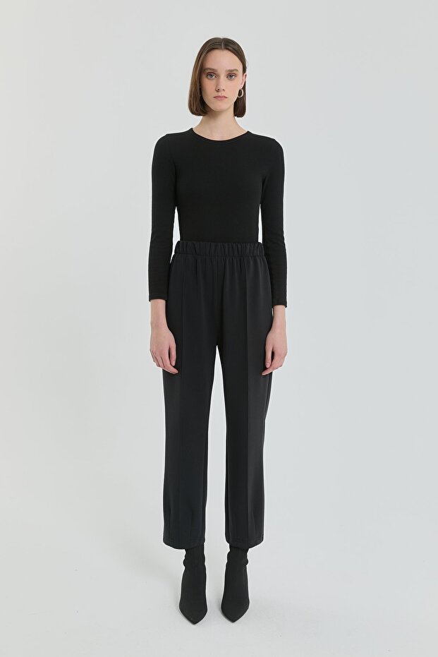 Paça Detaylı Beli Lastikli Örme Basic Pantolon Siyah - 1