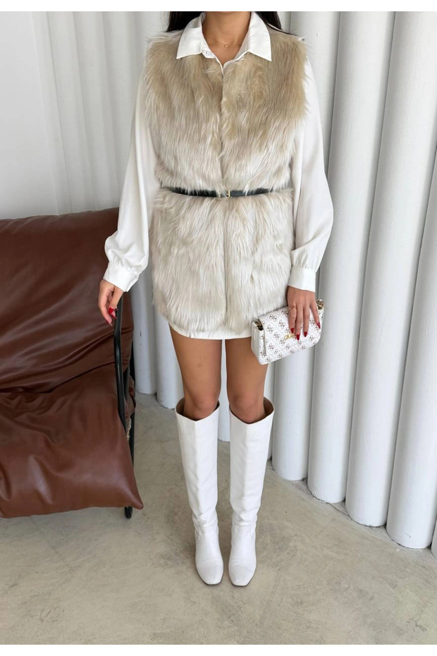 Kemerli Astarlı Kürk Yelek Ekru - 3