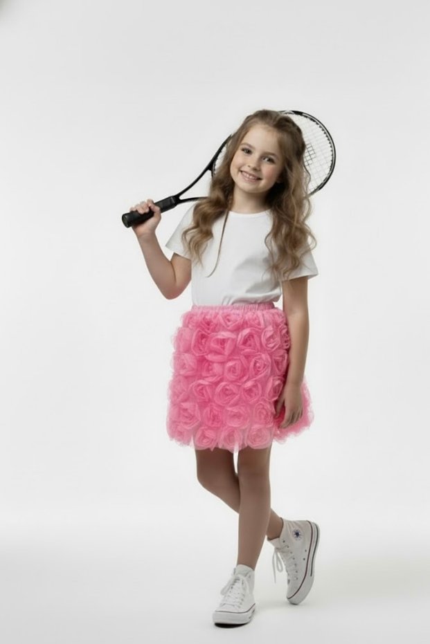 Girl's 3D Rose Detailed Dream Tulle Lined Skirt Cf-25022