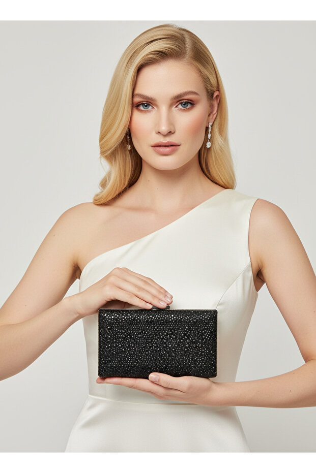 Black Crystal Stone Chain Handle Women's Evening Dress Bag