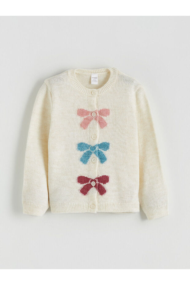 Patenth's Ecru Bow Printed Girls' Cardigan