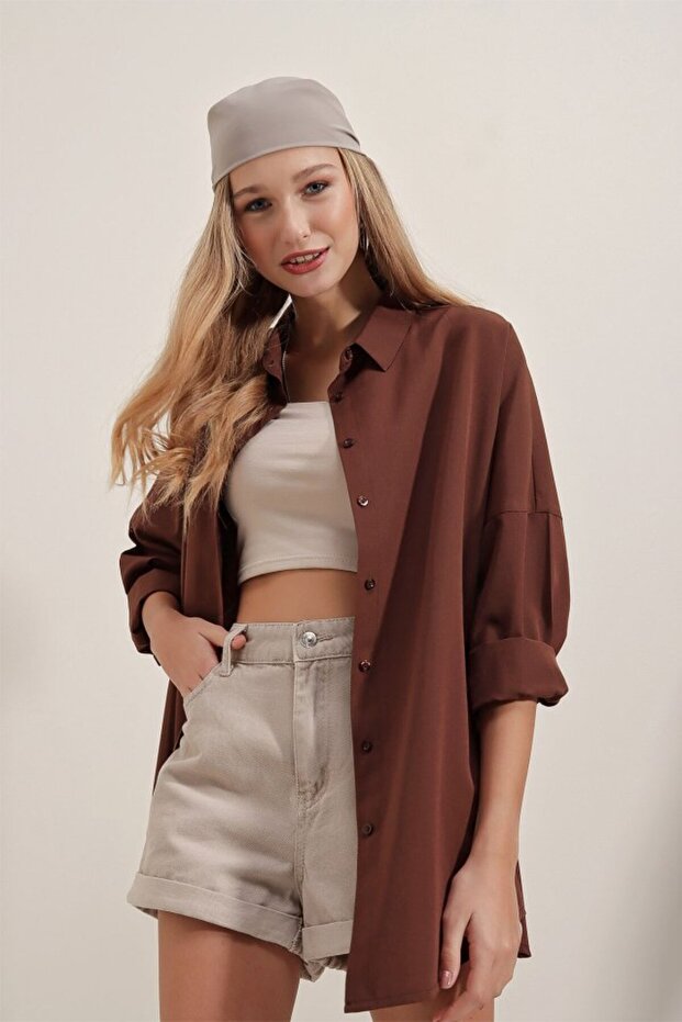 3900 Oversize Long Basic Shirt - Brown - 2