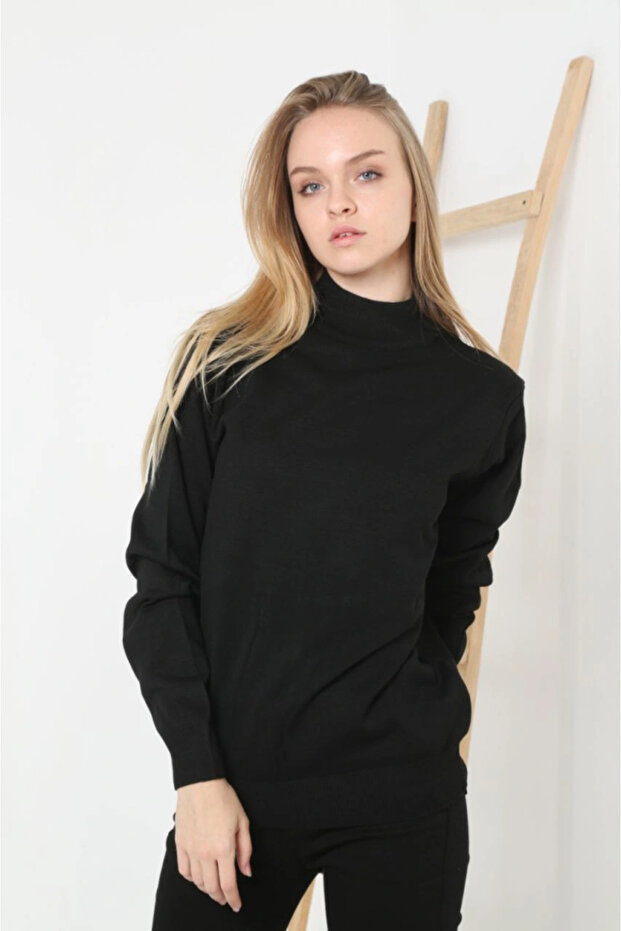 Women's half-neck knit sweater, soft-touch cotton fine knit, long sleeve relaxed regular fit - black
