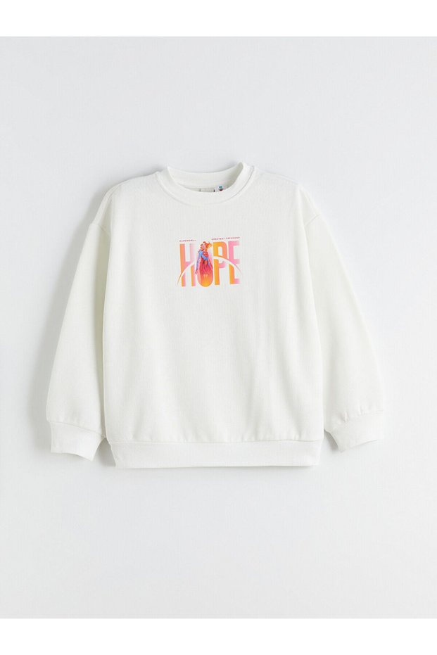 Alita City Lcw Kids White Oval Collar Supergirl Printed Girls' Sweatshirt with a Difference