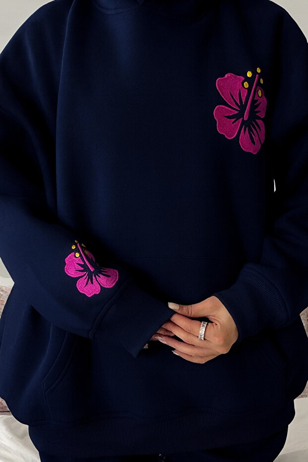 سترة نسائية قصة فضفاضة بغطاء رأس 3 Thread Ş مبطن بالصوف Flower B مطبوع Kangaroo Pocket