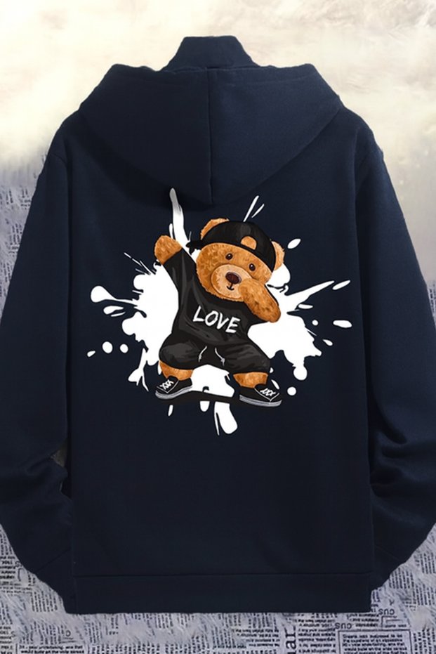 Unisex Hooded 3 Thread Ş Fleece-Lined Kangaroo Pocket Dancing Teddy Bear B Printed Hoodie