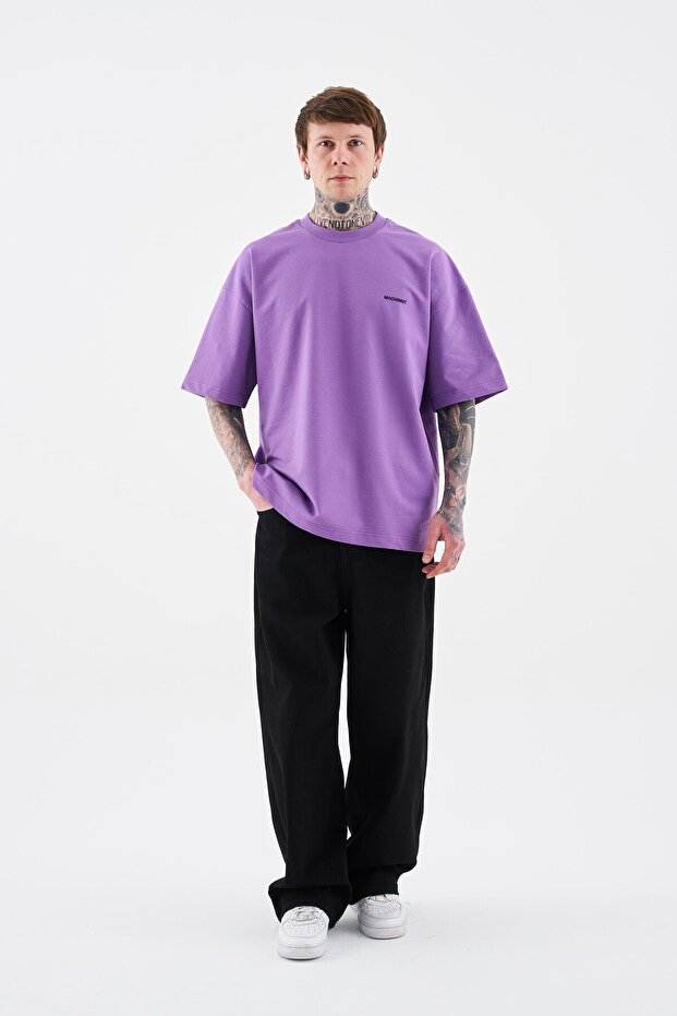 Erkek Basic Pamuklu Oversize Tişört Mor - 7