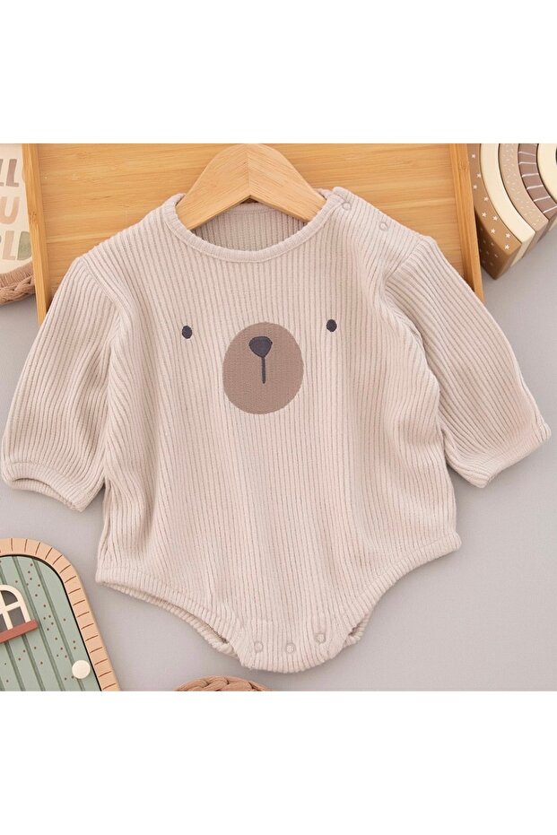 Baby Teddy Bear Face Long Sleeve Snap Fastener Bodysuit 🐻