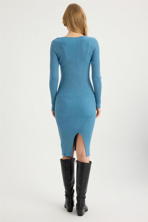 Triko Simli V Yaka Elbise - 5