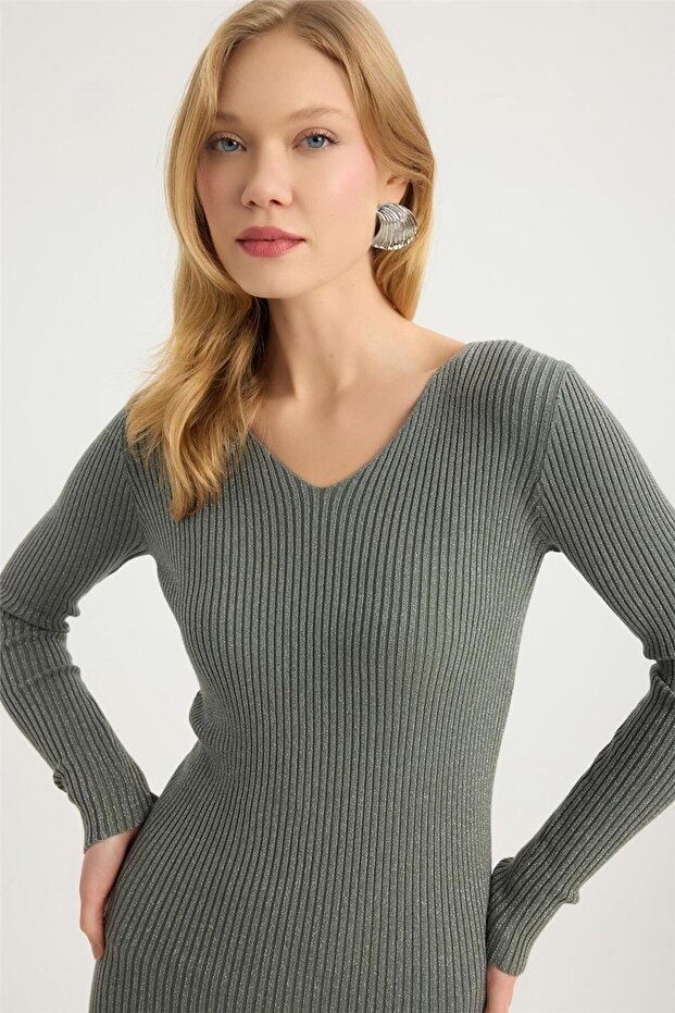 Triko Simli V Yaka Elbise - 4