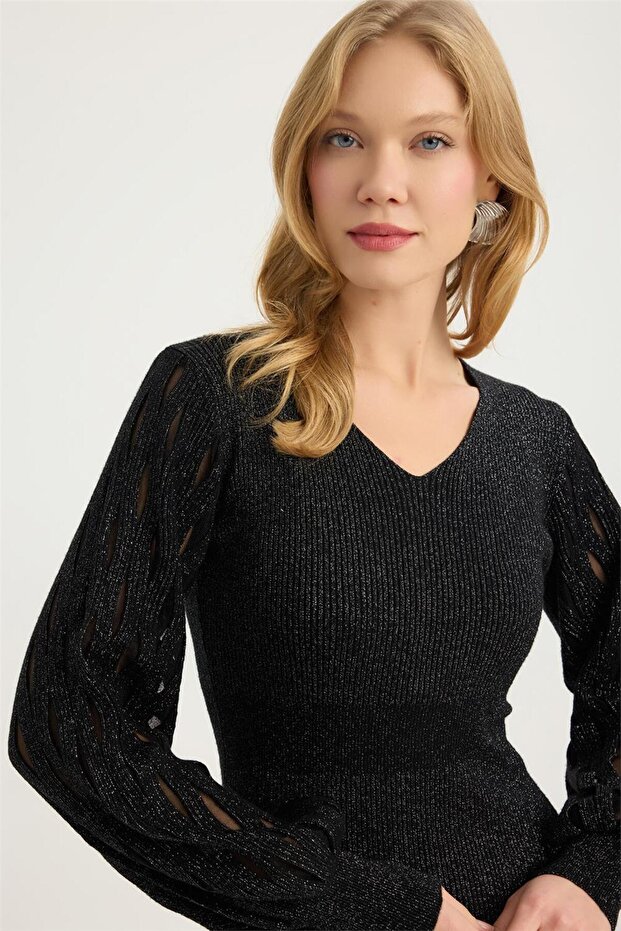 Triko Simli V Yaka Elbise - 4