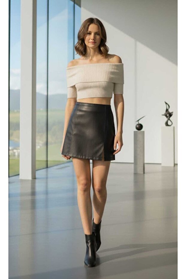 Şardonlu Mini Deri Şort Etek - 1