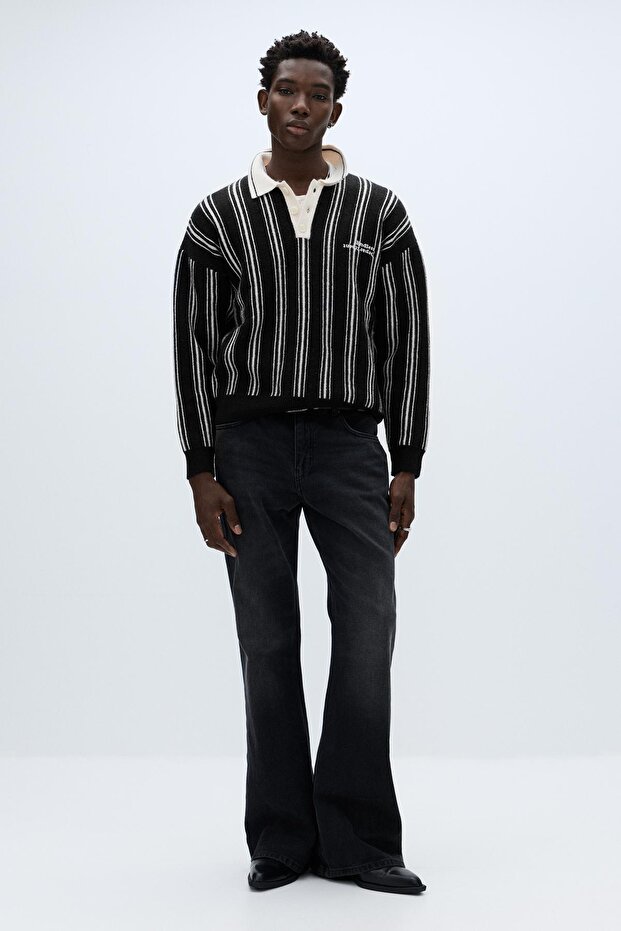 Çizgili örgü polo yaka kazak - 3