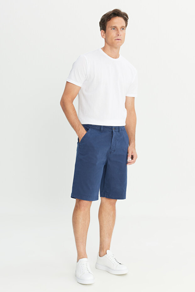 Regular Fit Normal Cut Elastic Waist Detailed Navy Blue Cotton Stretch Chino Shorts