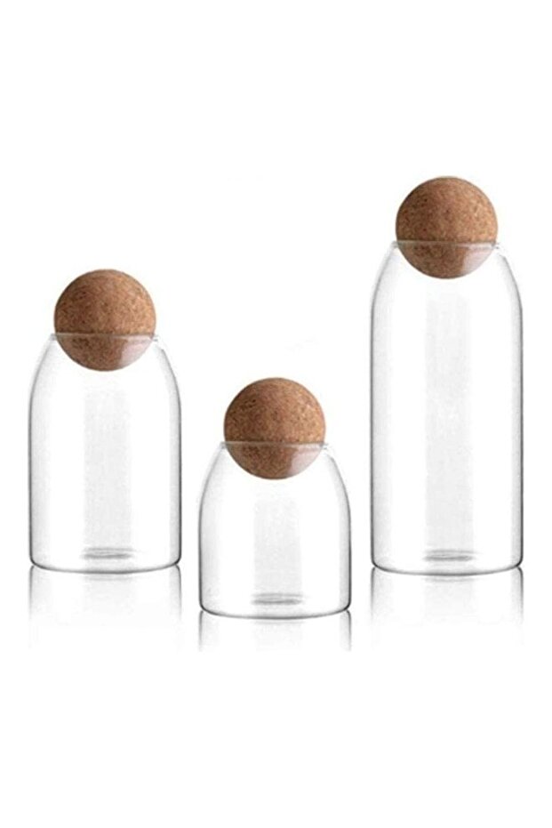 3-Piece Glass Food Storage Jar With Round Ball Cork Lid Clear 1200ml