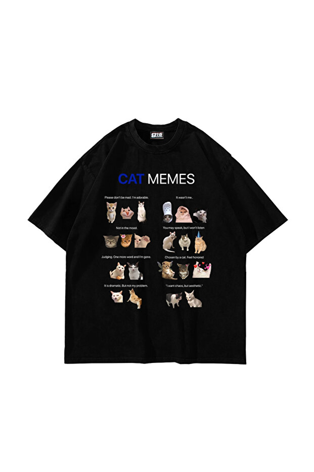 تي شيرت Cat Memes مطبوع قصة فضفاضة أسود للجنسين