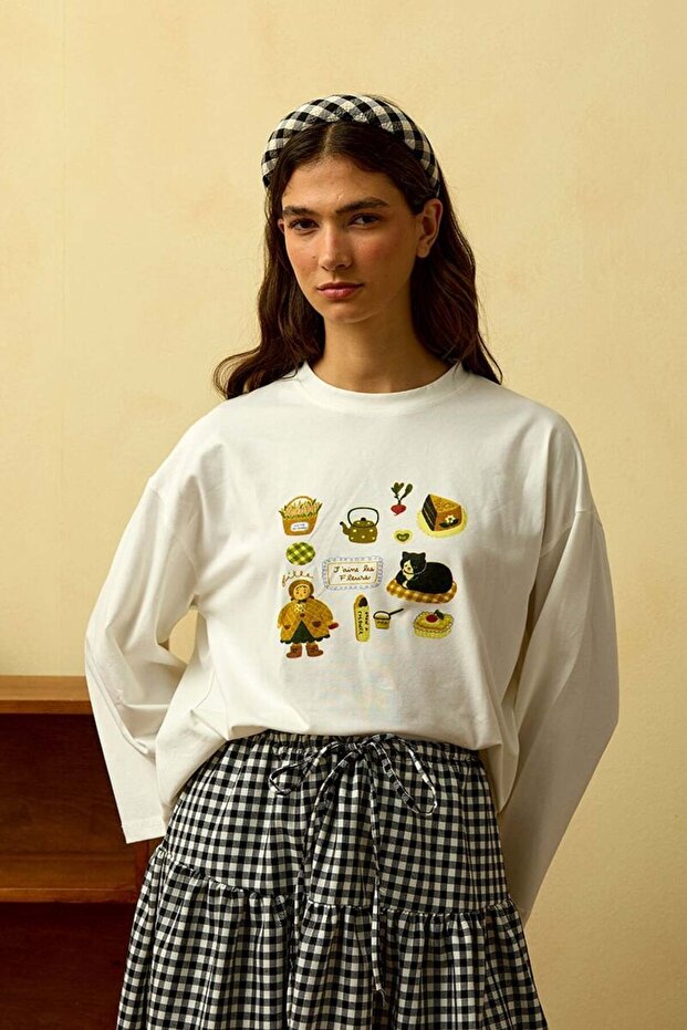 Ekru Lazy Cat Baskılı Basic Body - 3