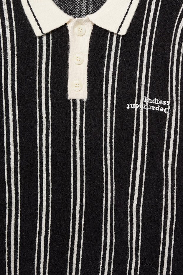 Çizgili örgü polo yaka kazak - 8