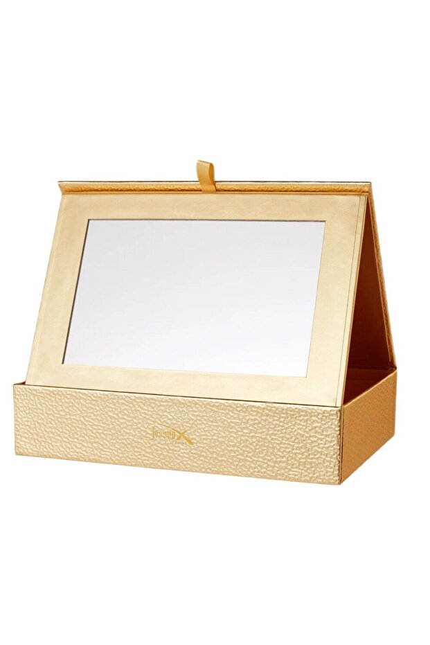 صندوق منظم المكياج مع مرآة - ذهبي - 2