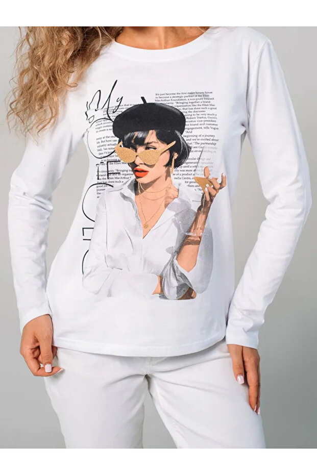 سترة بيضاء قصة فضفاضة مطبوع أساسية بأكمام طويلة - 8