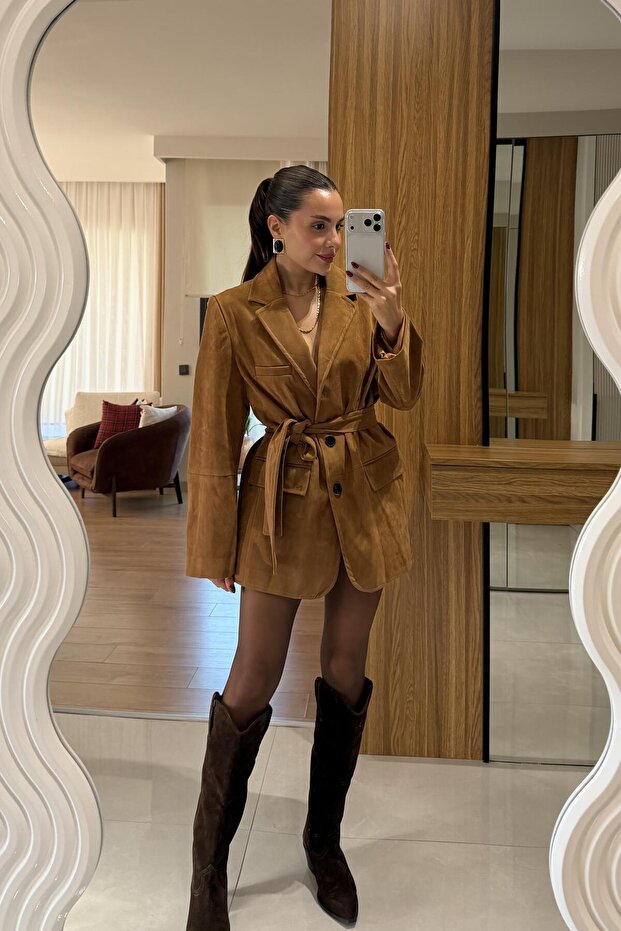 Morrison Taba Süet Kuşaklı Blazer Ceket - 1