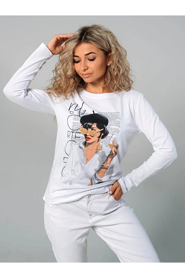 سترة بيضاء قصة فضفاضة مطبوع أساسية بأكمام طويلة - 1