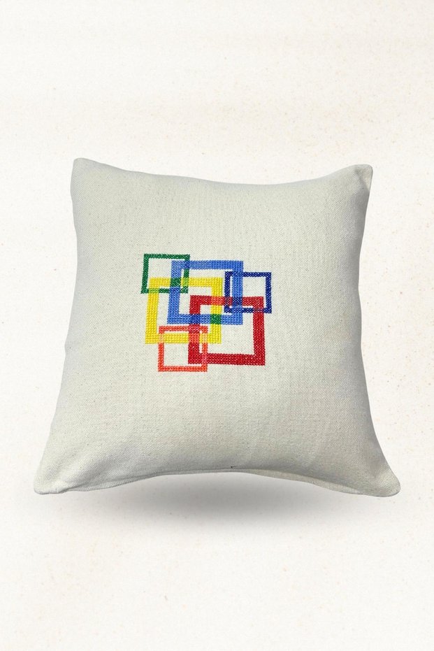 Linen Throw Pillow with Colorful Cross-Stitch Detail | 42X42 Decorative Pillow