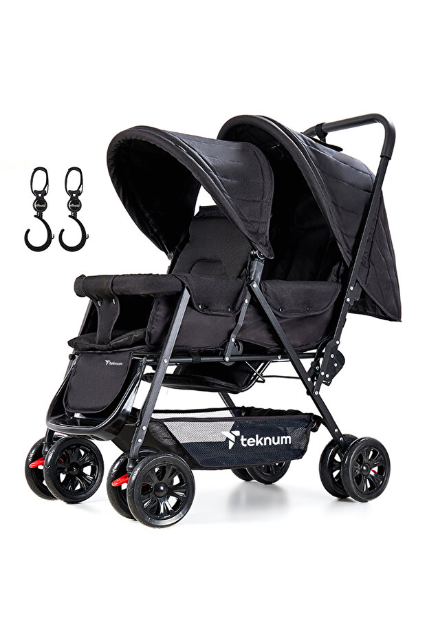 Double Baby Stroller with Hooks - Black