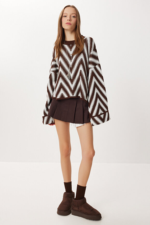 Patterned Knitwear Sweater Lnx0014 Brown Ecru