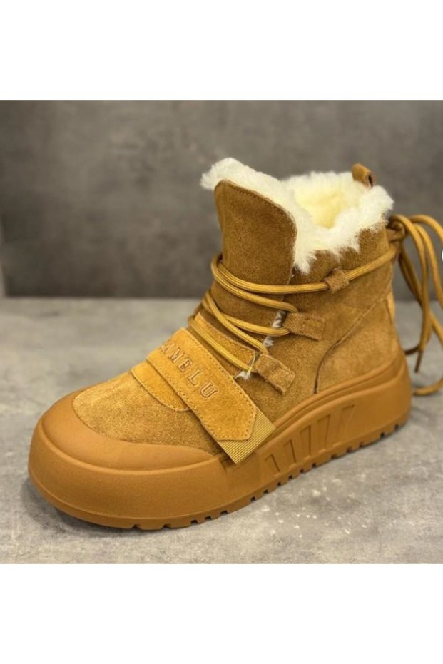 Tape Women's Tan Brown Genuine Leather Fur Thick Sole Velcro Winter Comfortable Snow Boots Postal Shoes
