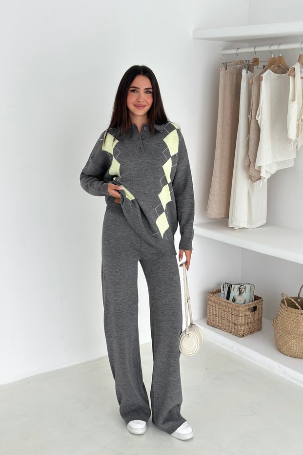 Baklava Pattern Polo Neck Half Placket Button Knitwear Bottom-Top Set Aw25Au0038