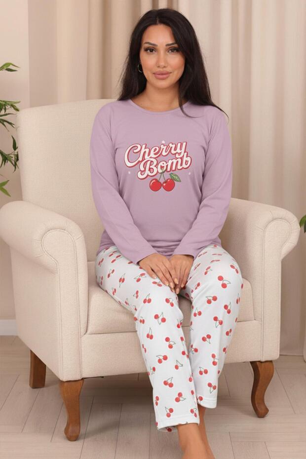 Women's Cherry Bomb Slogan Six Cherry Patterned Crew Neck Long Sleeve Six Long Combed Cotton Pajama Set