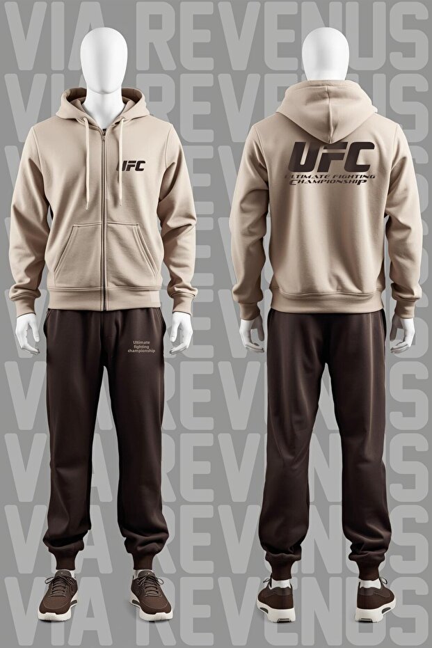Ufc Printed Zippered Hooded Cotton Tracksuit Set